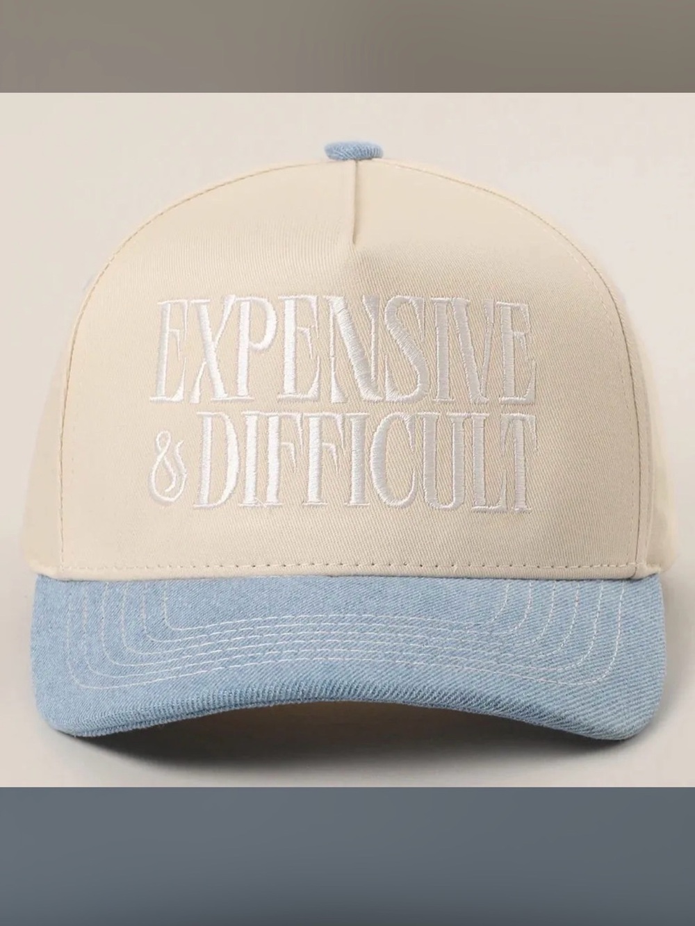 Expensive & Difficult Embroidered Tan and Light Blue Baseball Cap
